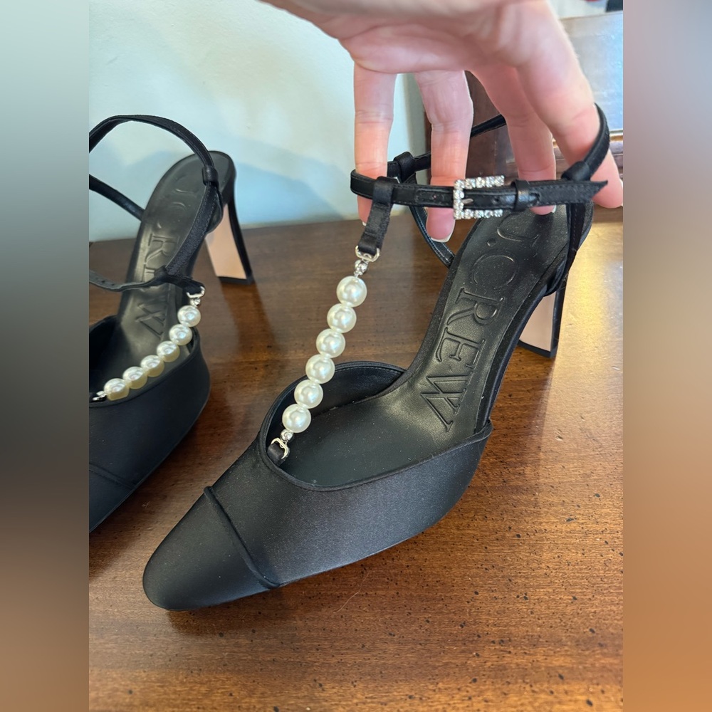 J. Crew Black Satin Pumps with Pearl T-Strap - Picture 2 of 8